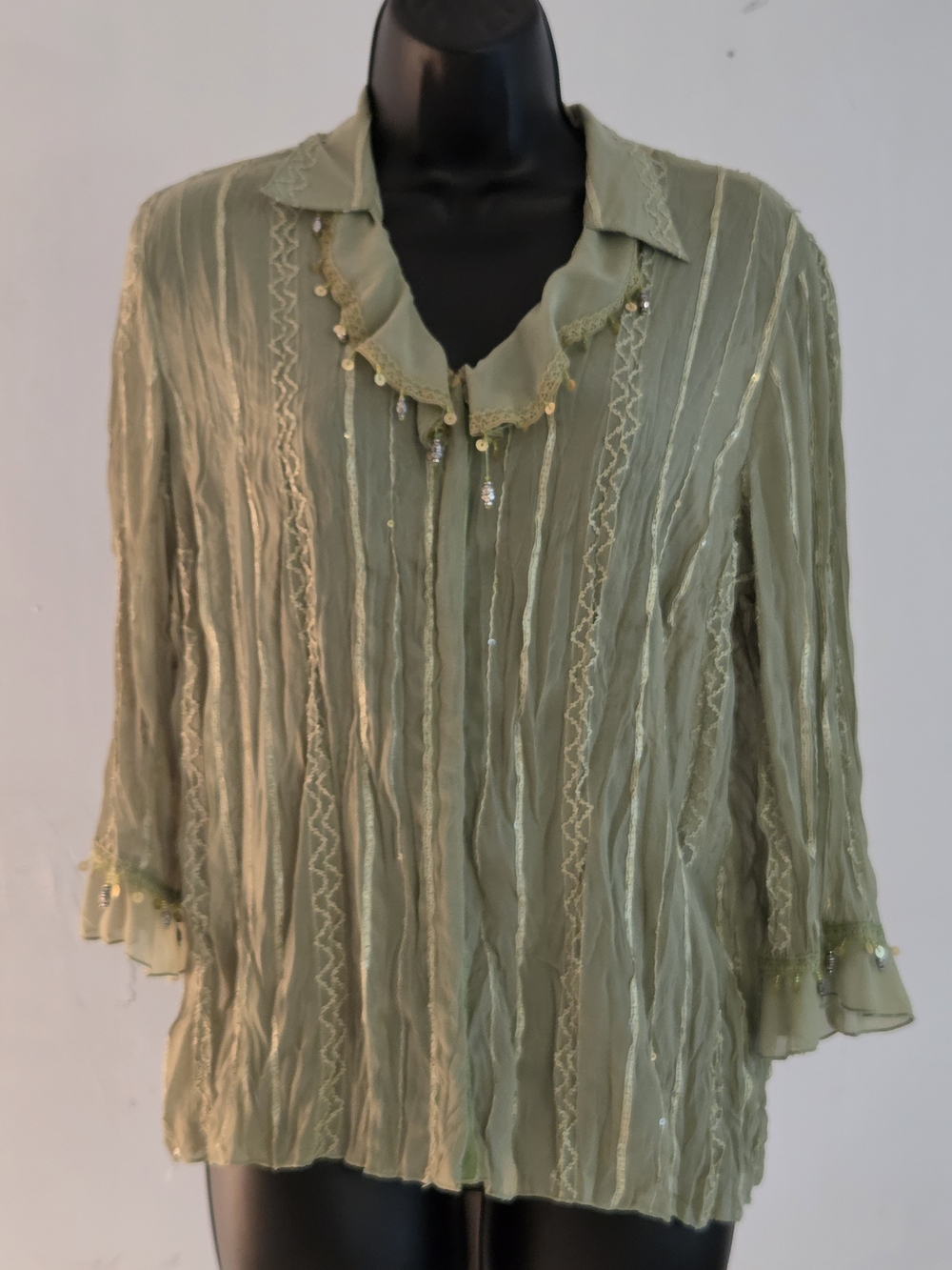 Agora Sage Green Beaded Ruffle Tunic